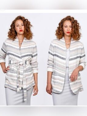 Ninety-Eight Made in Canada Linen / Ramie Belted Jacket Striped Quilted Size M